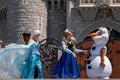 Elsa and Anna on Mickey`s Royal Friendship Faire on Cinderella Castle in Magic Kingdom at Walt Disney World Resort  3 Royalty Free Stock Photo