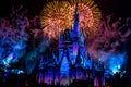 Happily Ever After is Spectacular fireworks show at Cinderella`s Castle on dark night background in Magic Kingdom  21 Royalty Free Stock Photo