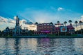 Hard Rock Cafe on sunset background at Universal Orlando Resort in Florida with the lake on the foreground.  3 Royalty Free Stock Photo