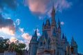 Top view of Cinderella Castle on sunset background in Magic Kingdom at Walt Disney World .