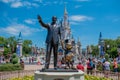 View of Partners Statue This statue of Walt Disney and Mickey Mouse  is positioned in front of Cinderella Castle in Magic Kingdom Royalty Free Stock Photo