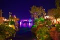 Beautiful landscape with rocks, trees, lake, on illuminated Christmas Tree and colorful stadium backgrouin International Drive are