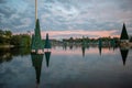 Christmas Trees on lake and Sky Tower on beautiful sunset background at Seaworld 5 Royalty Free Stock Photo