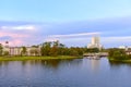 Panoramic l view of Victorian style Hotel and Boat Launch on colorful sunset sky background at Lake Buena Vista Royalty Free Stock Photo
