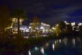 Panoramic view of Irish Pub, people walking close to lake at night in Lake Buena Vista