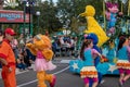 Rosita, Grover and Big Bird with dancers in Sesame Steet Party Parade at Seaworld 1 Royalty Free Stock Photo