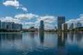 Panoramic view of building in dockside of Lake Eola Park in downtown area 1 Royalty Free Stock Photo