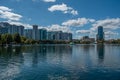 Panoramic view of building in dockside of Lake Eola Park in downtown area 2 Royalty Free Stock Photo