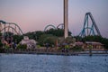 Partial view of Sky Tower, Mako, Kraken rollercoaster and dock side at Seaworld 1 Royalty Free Stock Photo