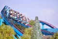 Top view of Mako Rollercoaster , palm trees and Chritsmas Tree at Seaworld Theme Park. Royalty Free Stock Photo