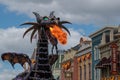 Maleficient dragon throwing fire in Disney Festival of Fantasy Parade at Magic Kigndom 3.