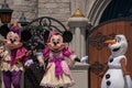 Mickey , Minnie and Olaf in Mickeys Royal Friendship Faire on Cinderella Castle in Magic Kingdom at Walt Disney World Resort.