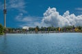 Panoramic view of Sky Tower and Seven Seas lagoon bridge at Seaworld 87