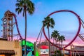 ORLANDO, FLORIDA, USA - DECEMBER, 2017: Riders enjoy the Rip Ride Rockit Rollercoaster at Universal Studios Theme Park