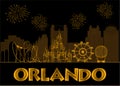 Orlando gold lettering on black background. Vector with travel icons and fireworks.