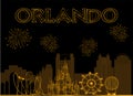 Orlando gold lettering on black background. Vector with travel icons and fireworks.