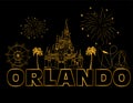 Orlando gold lettering on black backround . Vector with travel icons and fireworks. Travel Postcard.