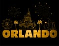 Orlando gold lettering on black backround . Vector with travel icons and fireworks. Travel PostcardOrlando gold lettering on bla