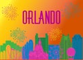 Orlando magenta lettering on colorful background. Vector with travel icons and fireworks.