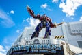 Orlando, USA - Feb. 12, 2021: Statue of Optimus Prime transformer on top of the attraction