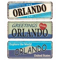 Orlando Vintage tin sign collection with USA city name. Retro souvenir sign or postcard templates on old metal