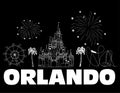 Orlando white lettering on black backround . Vector with travel icons and fireworks. Travel Postcard.