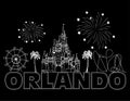 Orlando white lettering on black backround . Vector with travel icons and fireworks. Travel Postcard.