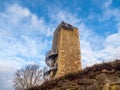 Orlik nad Humpolcem castle tower after reconstruction with many tourists on the top, Vysocina, Czech Republic