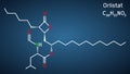 Orlistat molecule. It is lipase inhibitor used in the treatment of obesity. Structural chemical formula on the dark blue Royalty Free Stock Photo