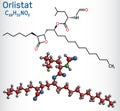 Orlistat molecule. It is lipase inhibitor used in the treatment of obesity. Structural chemical formula and molecule model Royalty Free Stock Photo