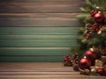 Ornamen Christmas and new year border on wooden background with copy space. Illustration Generative AI AI generated. Royalty Free Stock Photo