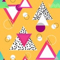 Minimalistic seamless pattern with multicolored triangles and circles. geometric shapes in black, white, pink and blue colors. Royalty Free Stock Photo