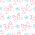 Ornament with flowers and butterflies drawn by hand. Cute seamless pattern.