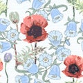 Ornament from flowers poppy and bluebell on a white striped background. Royalty Free Stock Photo