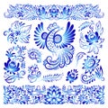 Ornament gzhel style painted blue art bird and flowers traditional Russian folk bloom branch pattern vector illustration Royalty Free Stock Photo