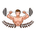 ornament leaves with muscle man lifting a disc weights Royalty Free Stock Photo