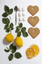 Ornament of lemons, cookies and rose leaves Royalty Free Stock Photo