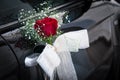 Ornament of red rose with white bow on car handle