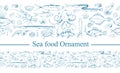 Ornament with sea food. Sea fish and mollusks. Fresh sea fish with ingredients. Vector seafood ornament. Ornament with fish. Royalty Free Stock Photo