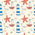 Ornament seamless cute sea objects collection. Royalty Free Stock Photo