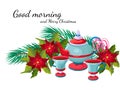 Ornament table layout from ware a teapot with two mugs with drinks, Christmas jewelry from a fir-tree and the Poinsettia