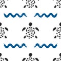 Ornament of waves and turtles drawn with a brush. Seamless pattern.