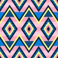 Seamless geometric pattern with stripes and rhomb. Bright ÃÂontrasting color scheme in classic blue, lemon and pink.