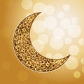 Ornamental arabic golden moon. Bokeh lights.