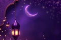 Ornamental Arabic lantern with burning candle and moon on purple background. Ramadan Kareem Royalty Free Stock Photo