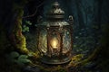 Ornamental arabic lantern with burning candle on the moss in mysterious forest