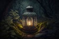 Ornamental arabic lantern with burning candle on the moss in mysterious forest