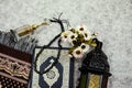 Ornamental Arabic lantern oud perfume with black rosary, prayer mat Ramadan Kareem Greeting Card. Ramadan Mubarak. Translated: Royalty Free Stock Photo