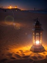 Ornamental arabic lantern shining at night in the desert