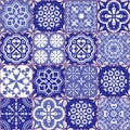 Portuguese Azulejo tile seamless vector pattern, Lisbon geometric and floral navy blue retro tiles design collection Royalty Free Stock Photo